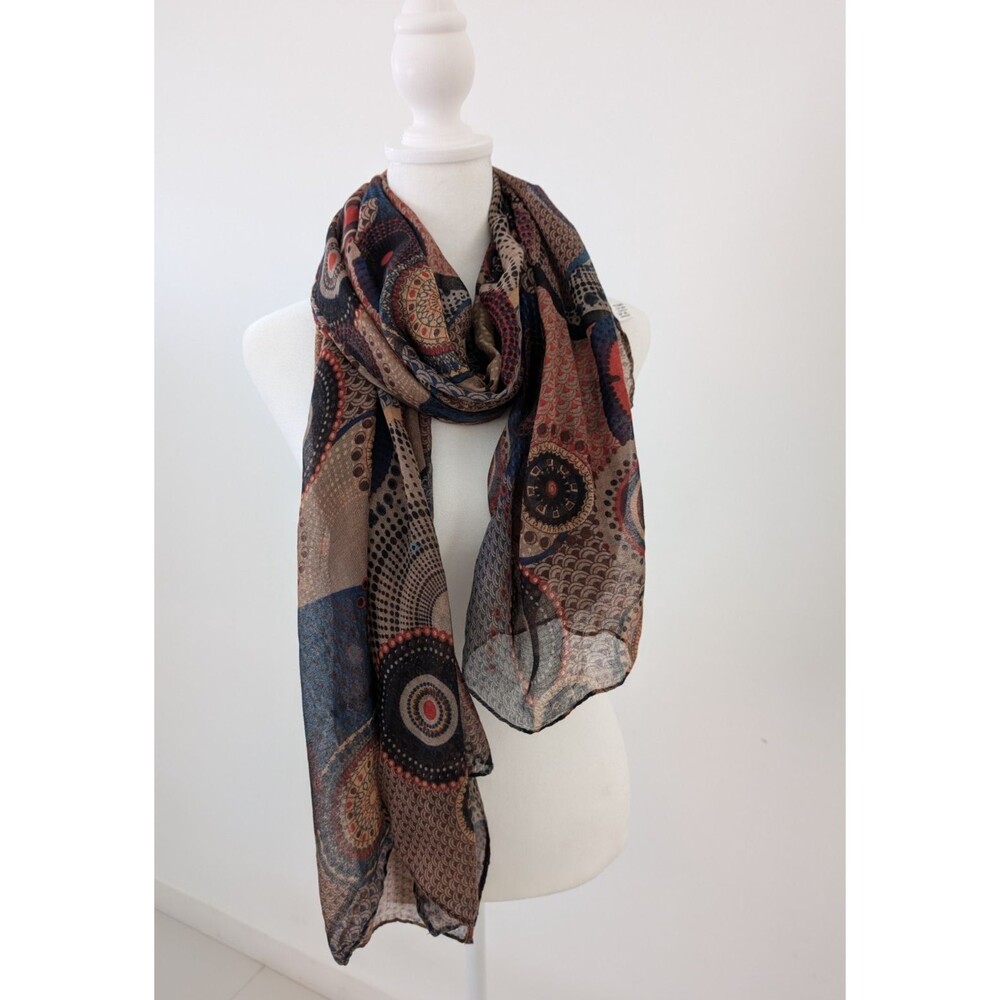 Boho  Scarf Brown Blue Red Sheer Circular Mandala  Oversized  70” L x 34.5” W
